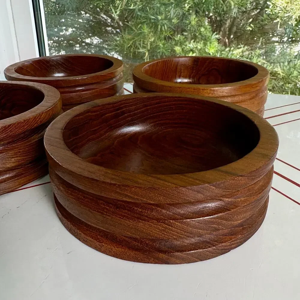 Set of 4 Vintage Thailand Teak Wood Bowls by Good Wood